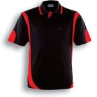 Black and red polo shirt with short sleeves. Red accents are featured on the shoulders, sides, and sleeve edges. The shirt has a collar and button placket. The text below reads Black / Red.