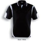 Black polo shirt with a white collar, white accents on the shoulders, and white paneling on the sides.