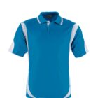 A blue short-sleeved polo shirt with white accents on the sides and sleeves, displayed against a white background.
