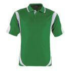 Green short-sleeve polo shirt with white accents on the shoulders and sides. The shirt has a classic polo collar and a front button placket. The design is simple and sporty.