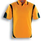 A short-sleeve polo shirt in gold and bottle green. The shirt features a gold body with bottle green accents along the sides, shoulders, and sleeves.