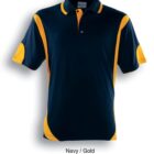A navy polo shirt with gold accents on the sides, shoulders, and sleeves, set against a white background. The shirt features a collar and button placket. Text below reads Navy / Gold.