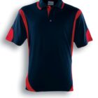 A short-sleeve polo shirt with a navy blue and red color scheme. The shirt features red accents on the sides, shoulders, and underarms, with a two-button collar. Text below reads Navy / Red.