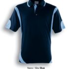 A short-sleeved polo shirt in navy blue with light sky blue accents on the sides and sleeves. The shirt features a collar and buttons. Text below reads Navy / Sky Blue.