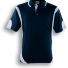 Navy blue polo shirt with white accents on the shoulders, sides, and sleeve edges. Features a collar and button-up neckline. The text Navy / White is below the shirt.