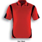 Red short-sleeve polo shirt with black accents on the shoulders, sides, and sleeves, displayed against a white background.