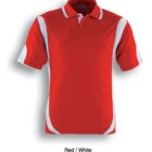 A short-sleeve polo shirt in red with white accents. The shirt features white side panels and trim on the sleeves. The collar is also red, and the shirt has a buttoned neckline. Text underneath reads Red / White.