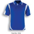 A royal blue and white polo shirt with short sleeves and a collar. The design features white accents on the shoulders and sides.