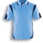 Light blue polo shirt with navy accents on the sides and sleeves. It features a collar and three buttons. The text below reads Sky Blue / Navy. The shirt is displayed on a plain white background.