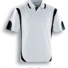 White polo shirt with black accents on the shoulders, sleeves, and sides. It features a collar and three buttons. The colors are labeled White / Black.