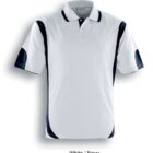 A short-sleeve white polo shirt with navy accents on the sleeves and sides. The collar is navy with a white button placket. Text reads White / Navy below the shirt.