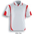 A white short-sleeve polo shirt with red accents on the shoulders, sides, and collar. The shirt has a buttoned placket and is labeled White / Red at the bottom.