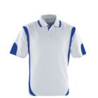 White polo shirt with blue accents on the sides, sleeves, and shoulders. It features a classic collar and button placket. The design is sporty and modern, presented on a plain white background.