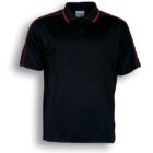 Black polo shirt with a collar, featuring red stripes along the shoulders and sleeves. The shirt has a buttoned placket at the neck. Background is plain white.