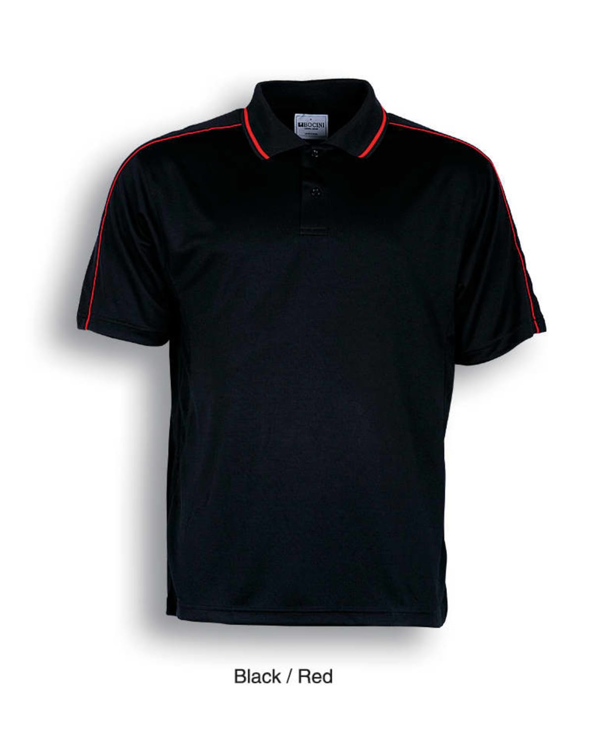 Black polo shirt with a collar, featuring red stripes along the shoulders and sleeves. The shirt has a buttoned placket at the neck. Background is plain white.