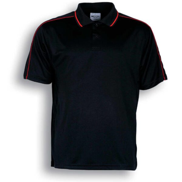 Black polo shirt with red trim on the collar and shoulder seams. The shirt has short sleeves and a small logo on the tag inside the collar. Text below reads Black / Red.