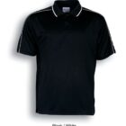 A black polo shirt with white accents on the collar and sleeve seams, displayed on a plain white background.