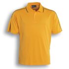 A yellow polo shirt with a collar and short sleeves. The shirt features a black stripe along each sleeve and buttons at the neckline.
