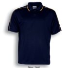Navy blue polo shirt with gold piping along the shoulders and sleeves, featuring a collar and three-button placket. The shirt is plain with no visible logos. Text below reads Navy / Gold.