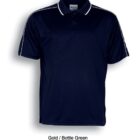 A navy blue polo shirt with white piping on the shoulders and sleeves. It has a collar and three buttons. The text below reads Gold / Bottle Green.