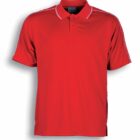 A red polo shirt with white piping along the shoulders and collar. The shirt has a buttoned placket and short sleeves.