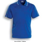 Blue polo shirt with a collar, short sleeves, and white piping along the shoulders and sleeves. The text Royal Blue / White is below.