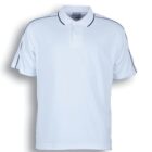 White polo shirt with black piping along the shoulders and sleeves, featuring a classic collar and button-up placket. Set against a plain background.