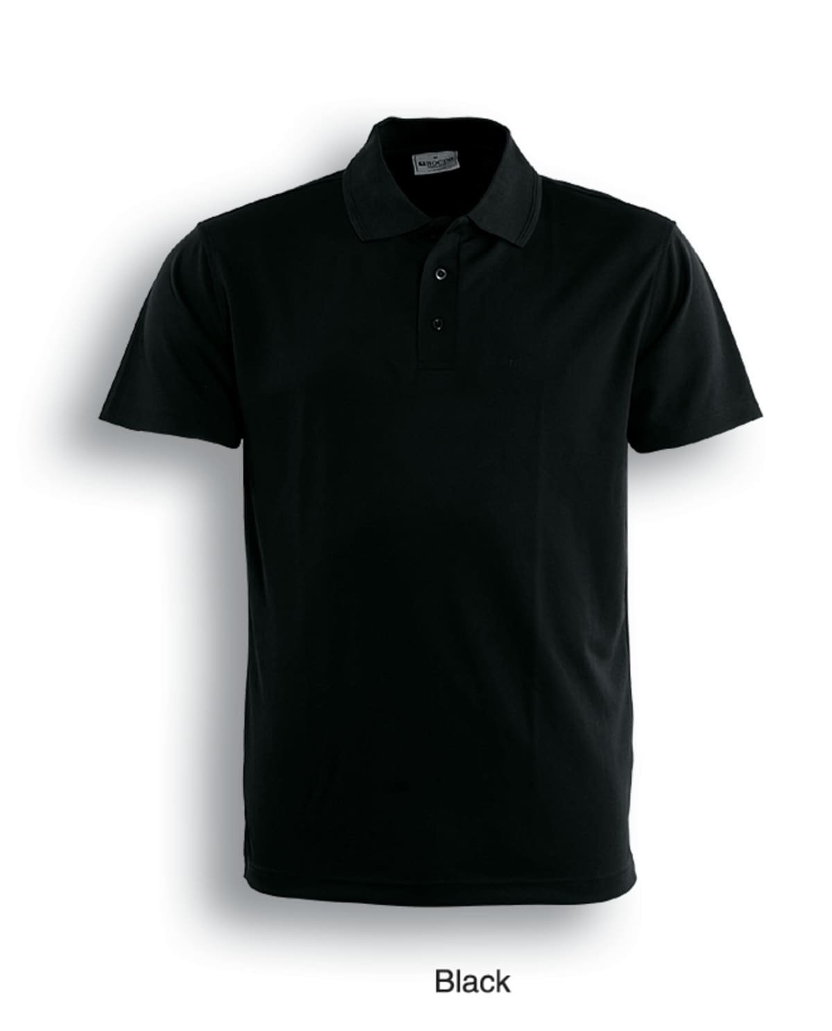 A black short-sleeve polo shirt with a collar and buttoned placket is displayed against a plain white background. The label inside the collar is visible. The shirt is described as Black below the image.