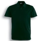 Dark green short-sleeve polo shirt with a collar and three buttons down the front. Label visible at the inside of the neck. Text below reads Bottle Green.