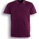 A burgundy short-sleeved polo shirt with a folded collar and three buttons. The shirt is displayed against a white background, and the word Burgundy is written below it.