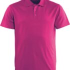 A vibrant magenta polo shirt is displayed, featuring a classic collar and a three-button placket. The shirt is short-sleeved and made of a smooth fabric, shown against a plain white background.