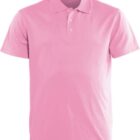 A pink short-sleeve polo shirt with a collar and three buttons on the front.