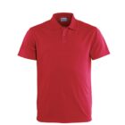A red short-sleeved polo shirt with a collar and a three-button placket, displayed on a white background.