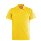 A bright yellow polo shirt with short sleeves and a classic collar. It features a three-button placket. The shirt is displayed against a plain white background, emphasizing its vibrant color and simple design.