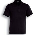 Black polo shirt with short sleeves and a collar. It features a buttoned placket at the front. The background is white, and the shirt is labeled Black at the bottom.