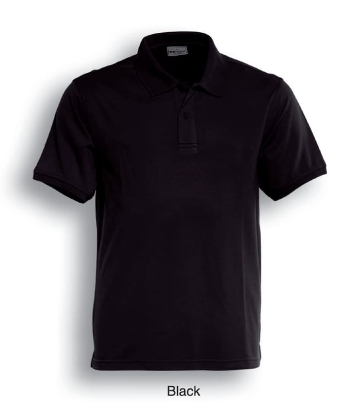 Black polo shirt with short sleeves and a collar. It features a buttoned placket at the front. The background is white, and the shirt is labeled Black at the bottom.