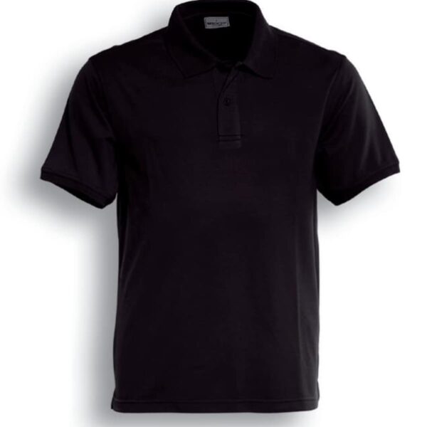A black short-sleeve polo shirt with a collar and three buttons, displayed against a white background.