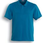 A cyan blue polo shirt with a classic collar and short sleeves is displayed against a white background.