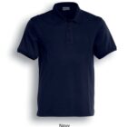 Navy blue short-sleeve polo shirt with a collar and three buttons displayed against a white background. The word Navy is written below the shirt.