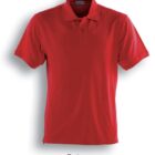 Red polo shirt with short sleeves, a collar, and a buttoned placket at the neckline. Text beneath reads Red. The shirt is displayed against a plain white background.