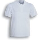 A plain white short-sleeved polo shirt with a collar and three buttons. The shirt is displayed on a white background with a shadow underneath.