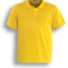 A bright yellow short-sleeve polo shirt with a collar and three buttons, displayed against a plain white background. The text Yellow is written below the shirt.