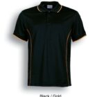 Black polo shirt with gold trim along the collar, sleeves, and sides against a white background. Below the shirt, the text reads Black / Gold.