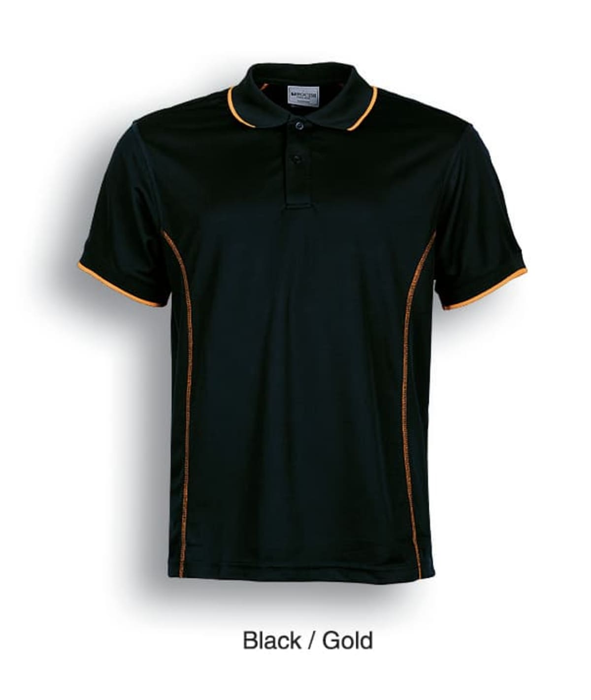Black polo shirt with gold trim along the collar, sleeves, and sides against a white background. Below the shirt, the text reads Black / Gold.