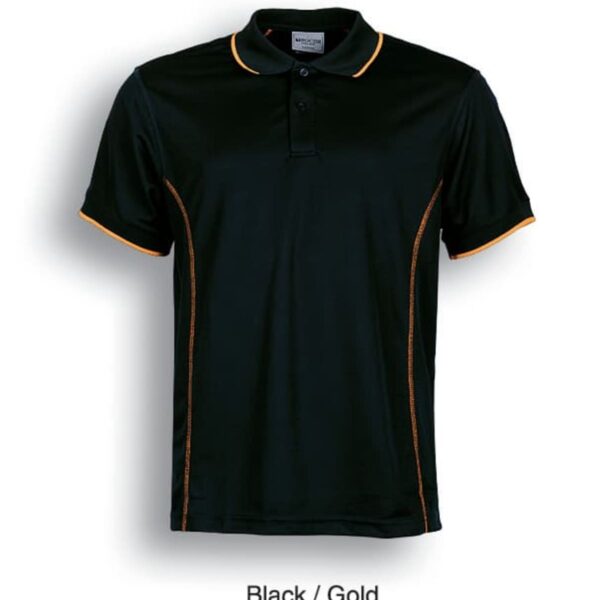 Black polo shirt with gold trim on the collar and sleeve edges. The shirt features a three-button placket and side seams with gold stitching. Text below reads Black / Gold.