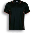 Black polo shirt with orange trim on the collar, sleeves, and side seams, displayed against a white background. The label on the shirt is partially visible.