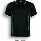 A black polo shirt with a white collar and white trim on the sleeves and sides. The tag inside says Mission. The shirt is displayed against a white background, labeled Black / White below.