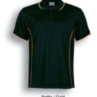 A dark green polo shirt with gold piping along the sleeves, collar, and sides. The shirt has a button-up collar and a black tag on the inside. Text at the bottom reads Bottle / Gold.
