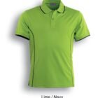 A lime green short-sleeved polo shirt with navy piping details on the sleeves, collar, and sides. The shirt has a three-button placket and is labeled Lime / Navy below it. The background is plain white.