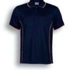 Navy blue polo shirt with short sleeves and a collar. It features gold trim on the sleeves and sides. The shirt has a three-button placket and is displayed against a white background. Text below reads Navy / Gold.